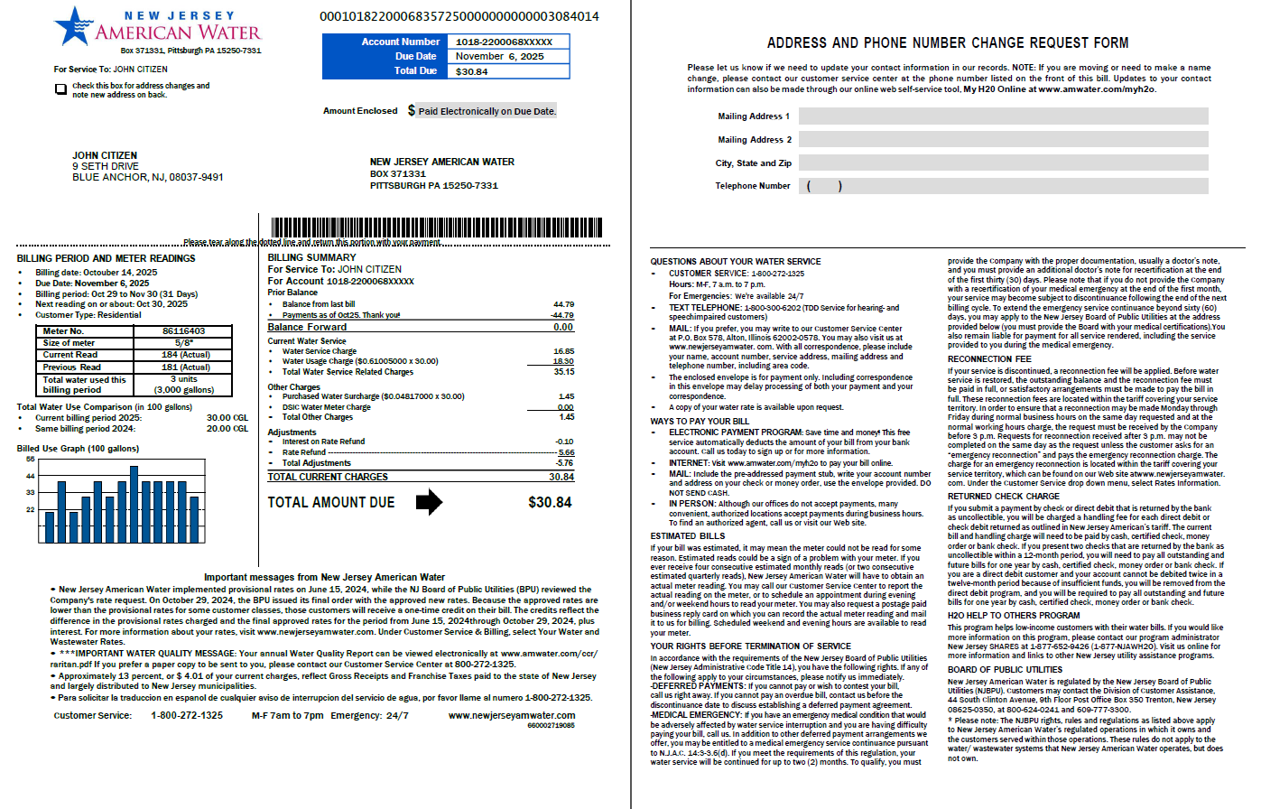 USA American Water utility bill template in Word and PDF formats, 2 pages, version 2